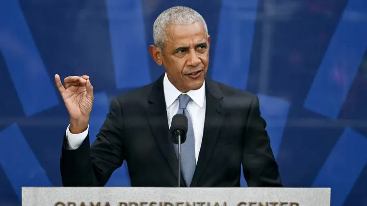 Barack Obama speaks during the dedication of the Barack Obama Presidential Center in Chicago, Illinois. (Kent NISHIMURA / AFP via Getty Images)