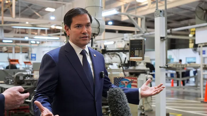 U.S. Secretary of State Marco Rubio speaks to journalists during a visit to aircraft maintenance firm Aeroman in San Luis Talpa, El Salvador, Monday, Feb. 3, 2025.  (AP Photo/Mark Schiefelbein, Pool)