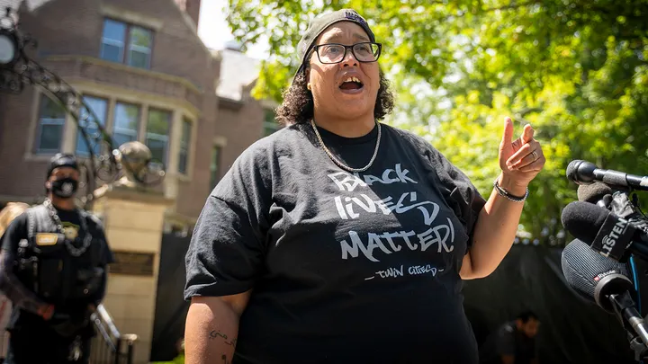 Chauntyll Allen, leader of Black Lives Matter Twin Cities, speaks about the death of Ricky Cobb II outside the Governor's Mansion in St. Paul, Minn., on August 1, 2023.  (Angelina Katsanis/Star Tribune via Getty Images)