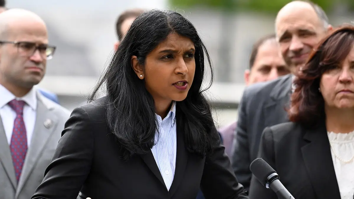 Republican candidate for New York Attorney General Saritha Komatireddy holds a news conference with state GOP lawmakers on increasing public transit safety in New York on Wednesday, April 29, 2026, at West Capitol Park in Albany, N.Y. (Will Waldron/Albany Times Union via Getty Images))