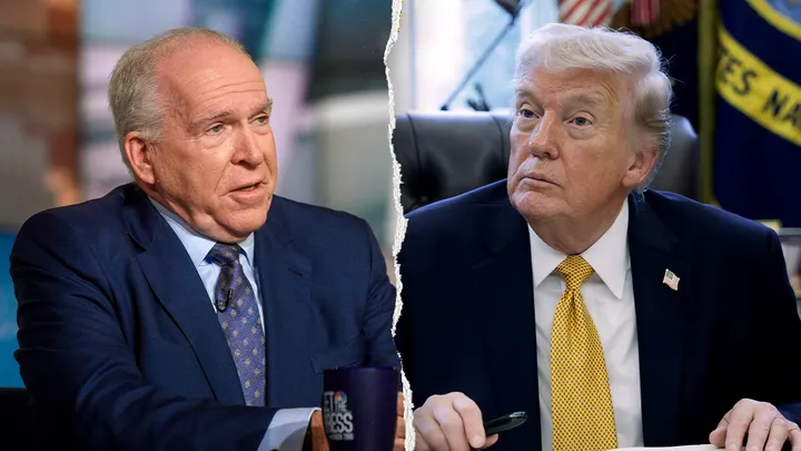 Former CIA Director John Brennan appears on NBC's "Meet the Press" on Oct. 6, 2019, while President Donald Trump prepares to sign documents in the Oval Office at the White House on March 16, 2026. (William B. Plowman/NBC/NBC NewsWire via Getty Images; Alex Wong/Getty Images)