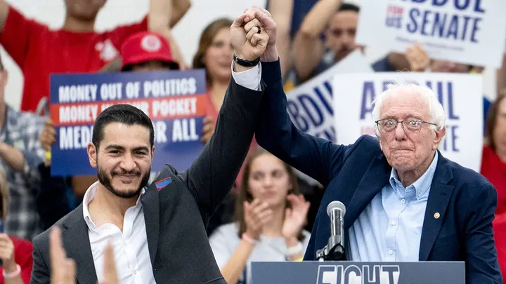 Sen. Bernie Sanders, I-Vt., stands with Senate candidate Abdul El-Sayed after speaking at Mumford High School on May 3, 2026, in Detroit, Mich. (Sarah Rice/Getty Images)
