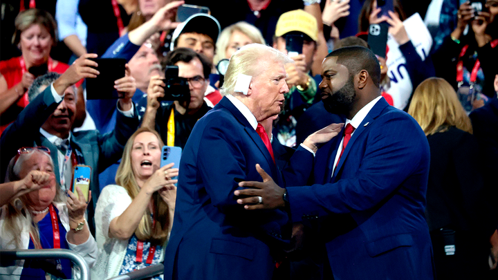 President Donald Trump and Rep. Byron Donalds, R-Fla., during the Republican National Convention (RNC) at the Fiserv Forum in Milwaukee, Wisconsin, US, on Monday, July 15, 2024. (Eva Marie Uzcategui/Bloomberg via Getty Images)