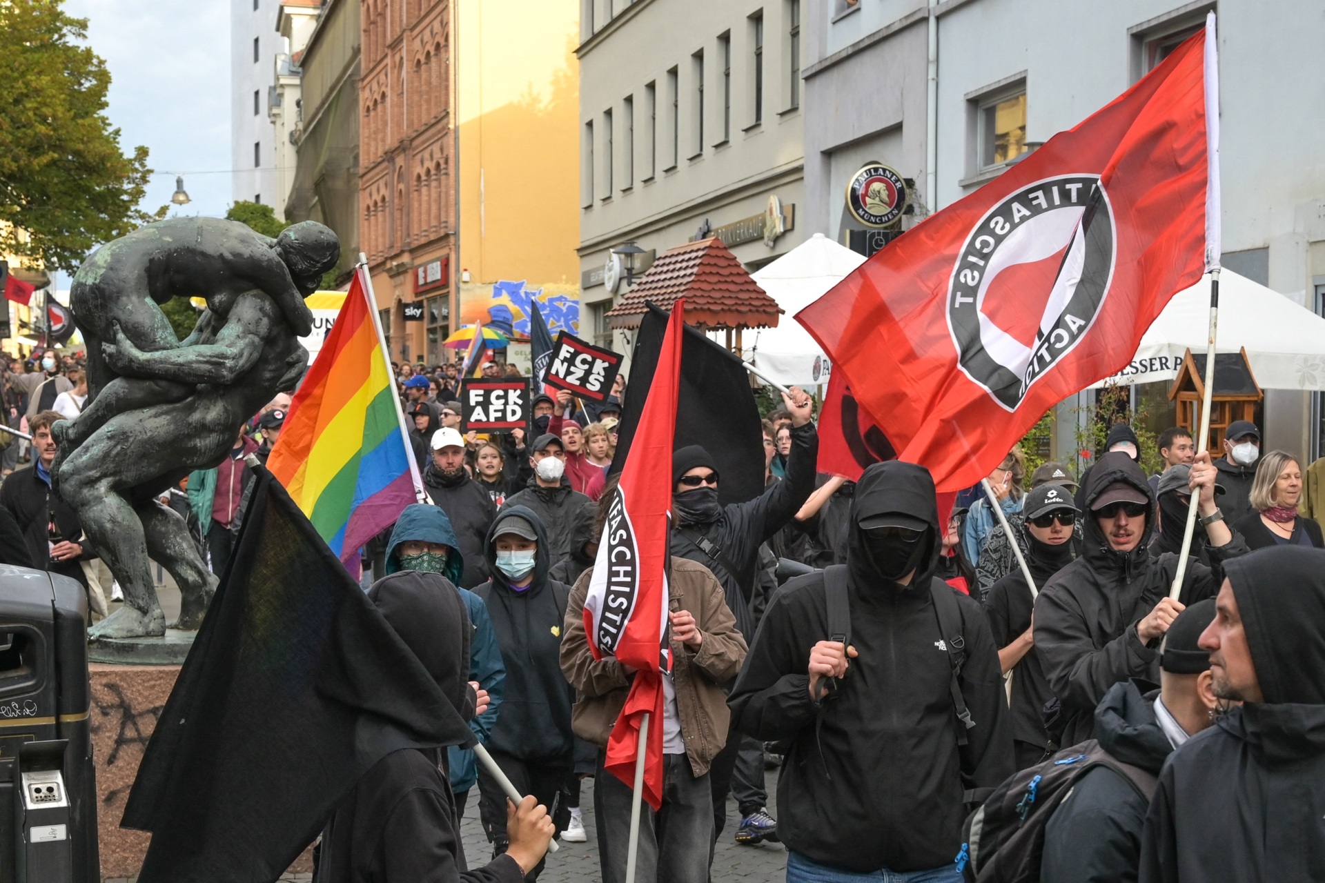 05 September 2026, Saxony-Anhalt, Halle / Saale: People are taking part in a nationwide Antifa demonstration held on the eve of the 2026 Saxony-Anhalt state election. Photo: Heiko Rebsch/dpa (Photo by Heiko Rebsch/picture alliance via Getty Images)
